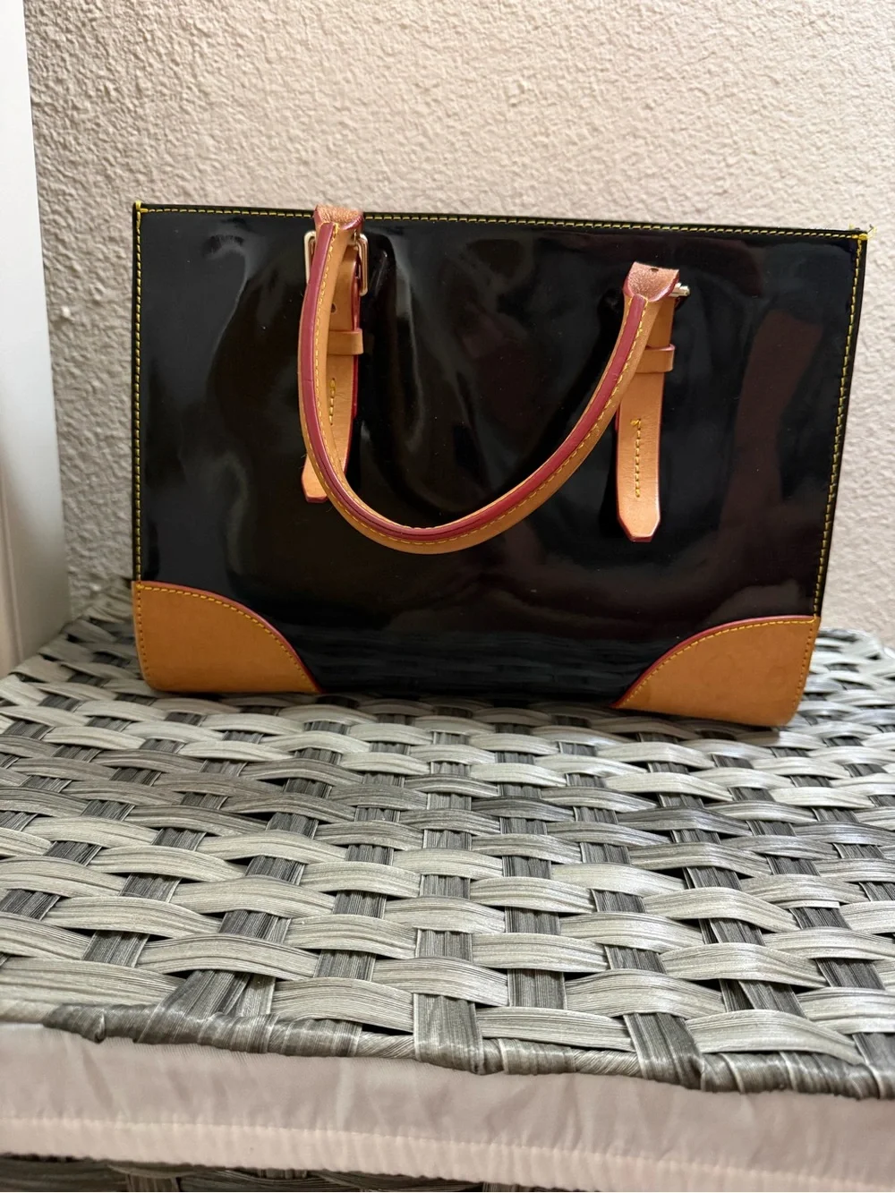Dooney & Bourke Janine Black Patent Leather Satchel Tote Bag w/ Leather Handles